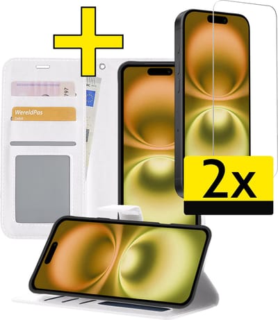 Hoesje - Met 2x Screenprotector - Geschikt voor Apple iPhone 16 - Luxe Pasjeshouder - Bookcase Portemonee - Flip Case - Kunstleer Book Case - Flipcase Hoes - Book Cover - Walletcase - Portemonneehoes - Telefoonhoesjes - Wit