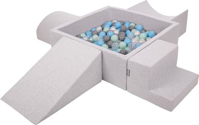 KiddyMoon Schuimspeelplaats met vierkant Ballenbad - ∅ 7cm 200 Ballen - Ballenbak Ballen Voor Baby's Foam - Speelplaats met Helling Halve Cilinder Wig en Trapjes - Ballenbak schuim voor kinderen - Lichtgrijs: Parel Grijs Transparant Babyblauw Munt