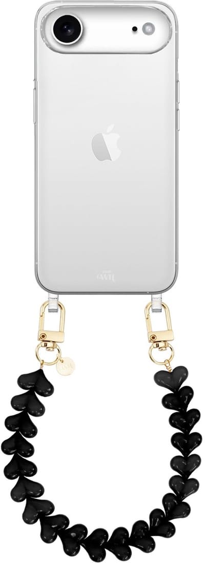 xoxo Wildhearts siliconen hoesje - Geschikt voor iPhone 17 Air hoesje - Funky Hearts - Telefoonhoesje - Hoesje met koord - Zwart koord - kort telefoonkoord - Hartjes ketting - Transparant hoesje