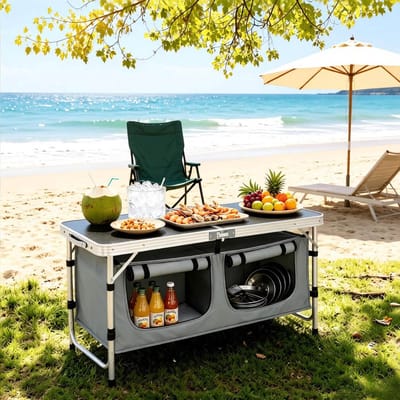 MIVRAY Campingtafel - Opvouwbaar Met Verstelbare Hoogte En Hangende Opbergtas - Voor Camping En Tuin - Aluminium En MDF - 120x47x69,5 Cm