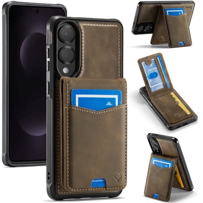 Casemania Hoesje Geschikt voor Samsung Galaxy S25 Edge - Mahogany Brown - Back Cover met Afneembare Magnetische Pasjeshouder met Standaard - Telefoonhoesje en Kaarthouder