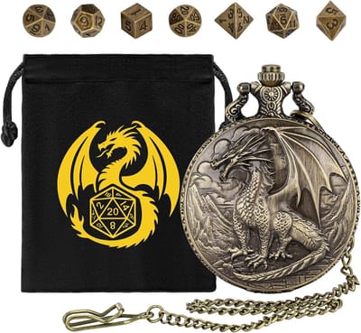 Thijox - Mini DND Dobbelstenen Set met Steampunk Dragon Pocket Horloge Shell Case - 7 stks Polyhedrale Metalen D & D Dobbelstenen in Brons voor Rollen
