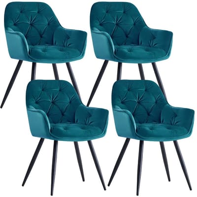 Set van 4 Fluwelen Eetkamerstoelen met Armleuningen – Gestoffeerde Stoelen met Dikke Zitting en Rugleuning – Moderne Accentstoelen met Metalen Poten – Voor Eetkamer, Woonkamer & Lounge