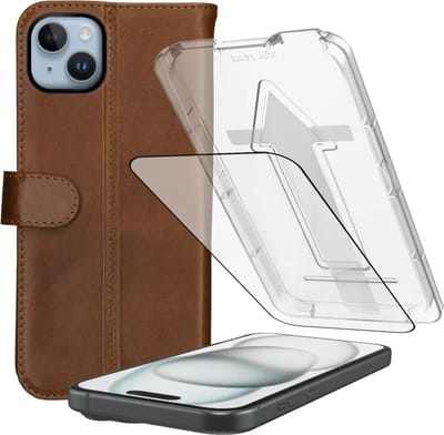 Rosso Deluxe Hoesje + Tempered Glass Geschikt voor Apple iPhone 15 – Echt Leer Book Case met Pasjeshouder Bruin + Screen Protector met Installatietray - Case Friendly 9H Gehard Glas