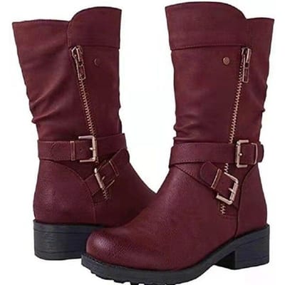 Herfst Winter Middenkuit Laarzen Dames Retro Rits Dames Schoenen Mode Leer Waterdicht Riemgesp Casual Martin Laarzen 35 rood