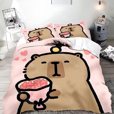 Schattige Cartoon Capibara Dekbedovertrek Kussensloop Beddengoedset Volwassene Jongen Meisje Slaapkamerdecoratie Kinderen Cadeau Eenpersoons Tweepersoons Groot Formaat EU Single 90x200cm