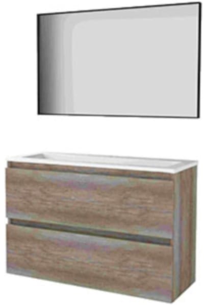 Basic-Line Framed 39 Badkamermeubelset - Ondiep - 100 x 39 cm - Greeploos - 2 Lades - Acryl Wastafel - 1 Kraangat - Spiegel met Zwart Aluminium Frame - Scotch Oak