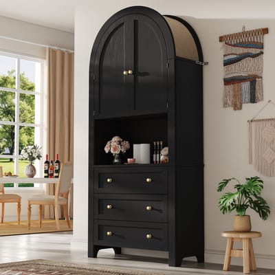 DESMIU Opbergkast - Hoge Boogkast Met 3 Laden En Deuren - Open Presentatieruimte Voor Keuken En Woonkamer - MDF - 70x35x180 Cm - Zwart
