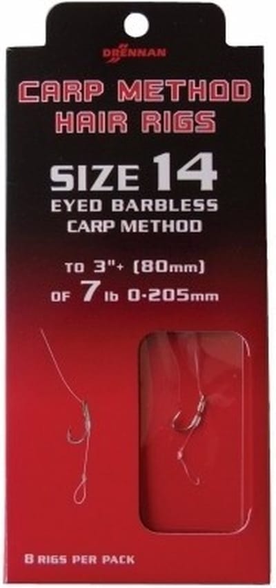 Drennan Carp Method Hair Rigs - Eyed Barbless 8cm (8pcs) - Maat : Haak 14 - 0.20mm