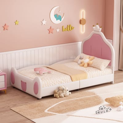 DESMIU Gestoffeerd Bed 90x200 Cm – Prinsessenbed Met Kroonlijst En Speelse Vormgeving – Hoofdbord En Voeteneinddetail – Voor Kinderkamer En Tienerkamer – Kunstleer In Wit En Roze – Zonder Matras