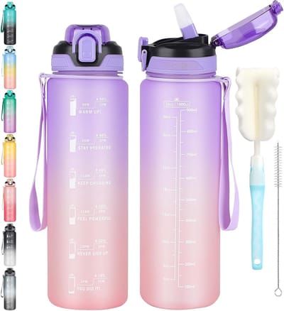 Famanu - 1 Liter Drinkfles, sportfles, vaatwasmachinebestendig, lekvrije rietjesfles met tijdmarkering, niet giftig, voor hardlopen, fietsen, fitnessstudio, school, bureau, Paars Roze