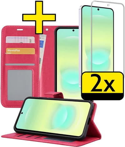 Hoesje - Met 2x Screenprotector - Geschikt voor Samsung Galaxy A37 - Luxe Pasjeshouder - Bookcase Portemonee - Flip Case - Kunstleer Book Case - Flipcase Hoes - Book Cover - Walletcase - Portemonneehoes - Telefoonhoesjes - Donkerroze