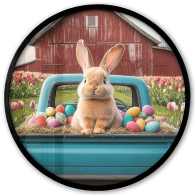 Poster in lijst Rond - Fotolijst 40x40 cm - Posters - Konijn - Boerderij - Eieren - Ronde posterlijst zwart - Decoratie - Wanddecoratie woonkamer - Muurdecoratie slaapkamer