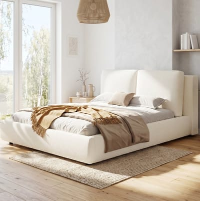 MIVRAY Gestoffeerd Bed 180x200 cm - Tweepersoonsbed Zonder Matras Met Lattenbodem en Ergonomisch Hoofdbord - Bouclé Stof - Beige
