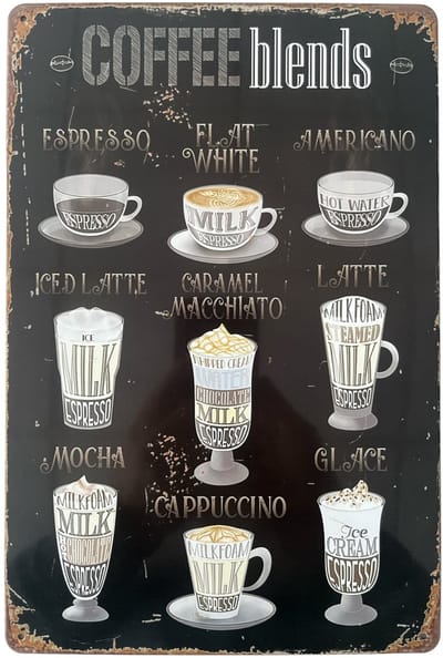Wandbord – Koffie menu - Retro - Wanddecoratie – Reclame bord – Restaurant – Kroeg - Bar – Cafe - Horeca – Metal Sign – 20x30cm