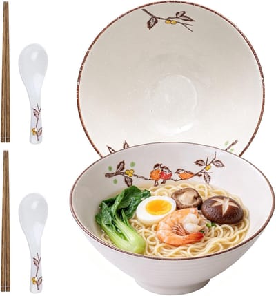 Set van 2 Keramische Ramenkommen met Eetstokjes en Lepel, Ideaal voor Soepen, Noodles en Salades
