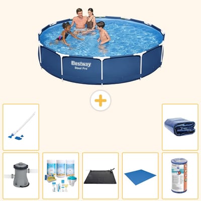 Bestway Rond Steel Pro Zwembad - 366 x 76 cm - Blauw - Inclusief Pomp - Onderhoudspakket - Solar Mat - Grondzeil - Filter - Stofzuiger - Solarzeil - 8-delig