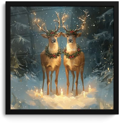 Poster in lijst - Fotolijst 40x40 cm - Posters - Dennensprookje - Rendier - Nacht - Posterlijst zwart - Decoratie - Wanddecoratie woonkamer - Muurdecoratie slaapkamer