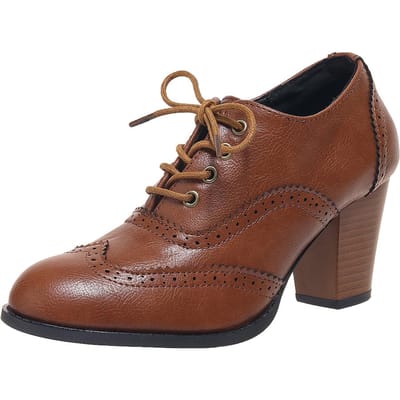 Britse Dames Enkellaarsjes Oxfords Hoge Blokhakken Pumps Bruin Leer Ronde Neus Jurk Kantoor Dames Veterschoenen Vintage Schoenen 37 brown