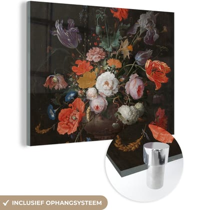 MuchoWow® Glasschilderij 160x120 cm - Schilderij acrylglas - Stilleven met bloemen en een horloge - Schilderij van Abraham Mignon - Foto op glas - Schilderijen
