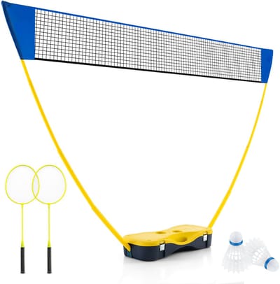 COSTWAY Badminton netstandaard, draagbaar shuttlespel met rackets, 2 shuttles, net en opbergdoos, complete badmintonset voor badminton/tennis en volleybal binnen en buiten (geel)