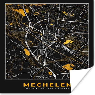Poster Stadskaart - Mechelen - Goud - Plattegrond - Kaart - 100x100 cm XXL