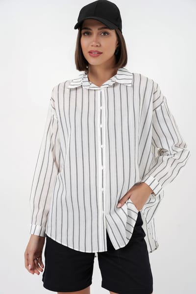 Gestructureerde Gestreepte Oversized Shirt met Knopsluiting
