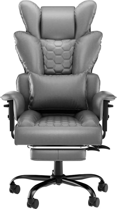 Directiestoel met Hoofdsteun, PU-Leren Rugleuning, Schuimrubberen Zitkussen, Voetsteun en Wieltjes, Stalen Frame Bureaustoelen 126-136 cm in Hoogte Verstelbaar Bureaustoel voor Thuis en op Kantoor (Grijs) NAIZY