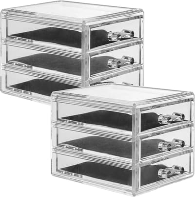 2x Stuks sieraden/make-up organizer 3 lades 15,5 x 10,5 cm van kunststof - Sieradenkastje - Make-upkastje - Organizers