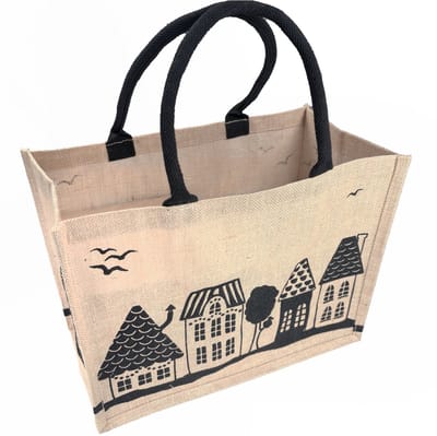Shopper 1 stuk, Jute, Huisjes, 43x 20x34cm, naturel/zwart, Kerstmis, Sinterklaas, Winter, Biologische tas, XLX
