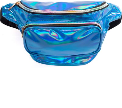 KIMU® Blauwe Holografische Heuptas - Fanny Pack Met Twee Vakken - Zwarte Band - Tasje Heuptasje Festival