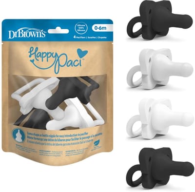Dr. Brown's HappyPaci Siliconen Fopspeen 0-6 Maanden – 4 Stuks – Grijs, Zwart & Wit – Baby Fopspeen