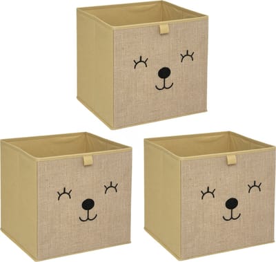 Atmosphera Opbergmand/kastmand beer - 3x - voor kinderen - karton/kunststof - bruin - 30 x 30 cm