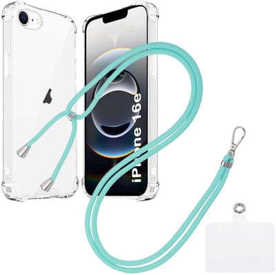 Shock Proof Case Hoes Geschikt voor iPhone 16E Hoesje Transparant Met universele Telefoonkoord mint - Cover - Nek Hanger - Koord Hoes