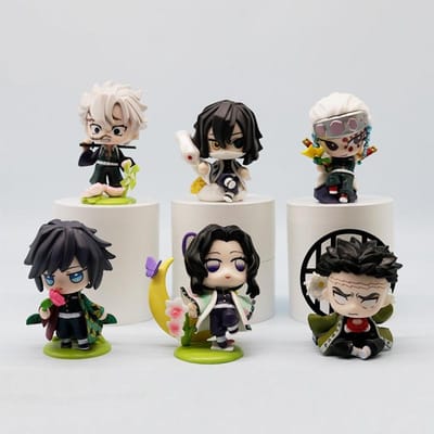 Ensemble de 6 pièces de figurines mignonnes Demon Slayer, Fleur de naissance 9 cm personnages d'anime Nezuko et Tanjiro PVC ornements de bureau mobiles gray