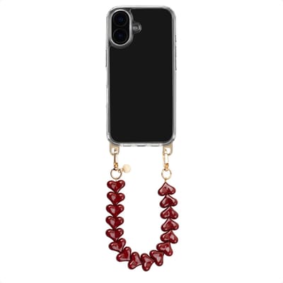Selencia Transparant Hoesje met Haakjes inclusief Hartjes Polskoord - Geschikt voor Apple iPhone 16 - Burgundy