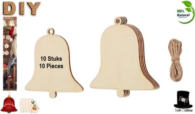 Bob Online™ - 10 Stuks – Houten Knutsel DIY Klok Kersthangers – Inclusief Jutekoord – Kerstklok Kerstboom Hangers – Wooden Christmas Bell Shaped Hanging Ornaments – Kerstversiering – Houten Kersthanger Figuurtjes – (L) 8.5 x (B) 7.5 x (H) 0.2 cm