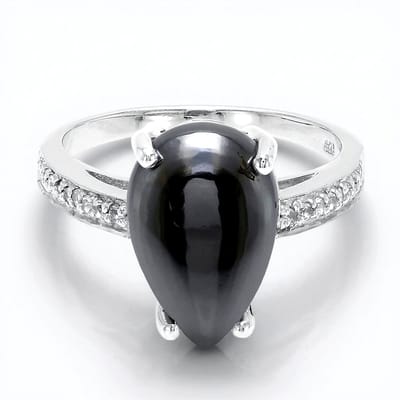 Cavill - Zilveren Damesring - 925 Sterling Zilver - 7 3 Ct Zwarte Hematiet Peervorm Cabochon - 0 11 Ct Witte Topaas Pavé - Elegant Design Maat 17