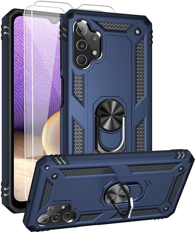 Hoesje Geschikt Voor Samsung Galaxy A32 Hoesje kickstand Armor case Blauw - Galaxy A32 4G Ring houder TPU backcover hoesje - met Galaxy A32 4G screenprotector 2 pack