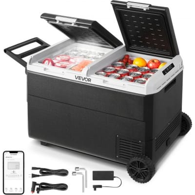 VEVOR 95L elektrische compressor koelbox, 12/24V DC & 100-240V AC draagbare autokoelbox met wielen en handvat, vriest tot -20°C, minikoelkast voor auto, camper, vrachtwagen, camping en buitengebruik