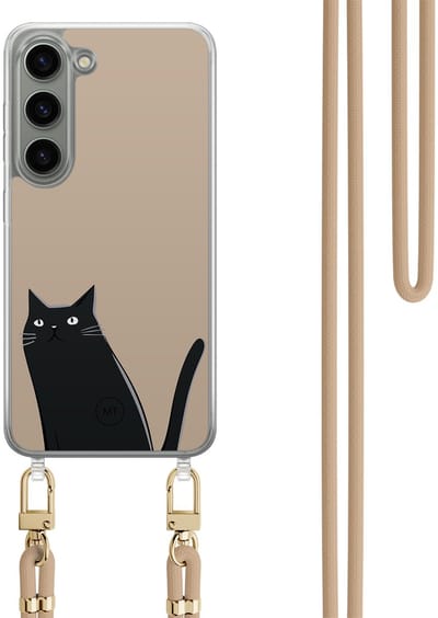 Hoesje met koord geschikt voor Samsung Galaxy S23 - Purrflectly - Inclusief Beige koord - Crossbody beschermhoes - Transparant, Zwart, Beige - Mooie Telefoonhoesjes