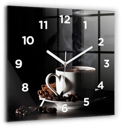 Wallfluent Wandklok - Een kopje koffie Unieke Wandklok - 60 cm x 60 cm - Zwart Wandklok - Witte Handen - Wandklok Met Cijfers - Kinder Wandklok Glas - Vierkante Glazen Klok - Industrieel Wandklok - Unieke Wandklok