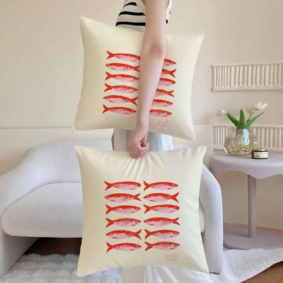 Schattige Kust Charme Sardines Kussensloop Anti-huisstofmijt Kussensloop Onzichtbare rits zijdezacht kort pluche Bankkussenhoes 35x35cm