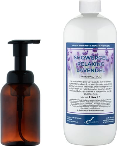 Zeepdispenser 300 ml amber bruin hervulbaar + 1 liter Showergel Relaxing Lavendel navulling