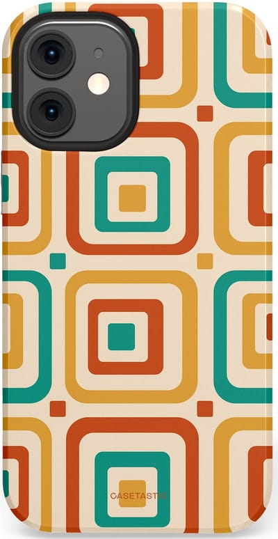 Casetastic hoesje geschikt voor Apple iPhone 12 Mini - Dubbellaagse bescherming - Retro Vierkant verlangen - Fashion Case - Crème Terracotta Goud Turquoise