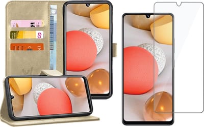 Hoesje geschikt voor Samsung A42 en Screenprotector - Book Case Kunstleer Wallet Goud + Screen Protector Glas