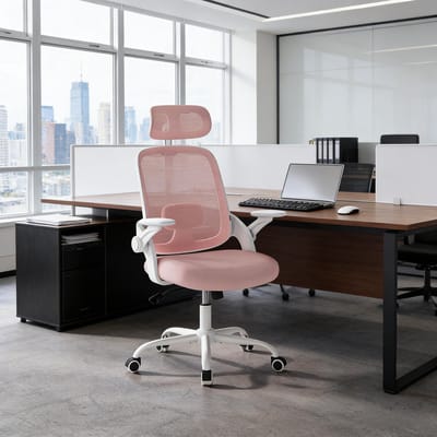 MIVRAY Ergonomische Bureaustoel 63,5 x 47 x 109,5-117,5 cm - Wipfunctie En Verstelbare Steun - Metaal En Gaasstof - Roze