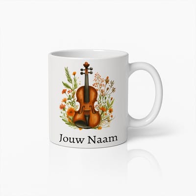 Gepersonaliseerde Viool Koffiemok – Keramische Beker met Bloemrijk Muziekontwerp en Eigen Naam voor Muzikanten