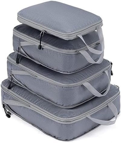 Set van 4 Compressie Verpakkingskubussen voor Reizen - Uitbreidbare Koffer Organizer Zakken met Dubbele Ritsen - Lichtgewicht Reisbagage Organisatie Systeem - Grijs