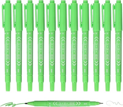Twin Tip Permanente Markers - 12 Stuks Lichtgroene Kleurpen met Fijne en Ultra Fijne Punten voor Schrijven, Tekenen en Creatief Werk op Diverse Oppervlakken zoals Hout, Plastic en Glas